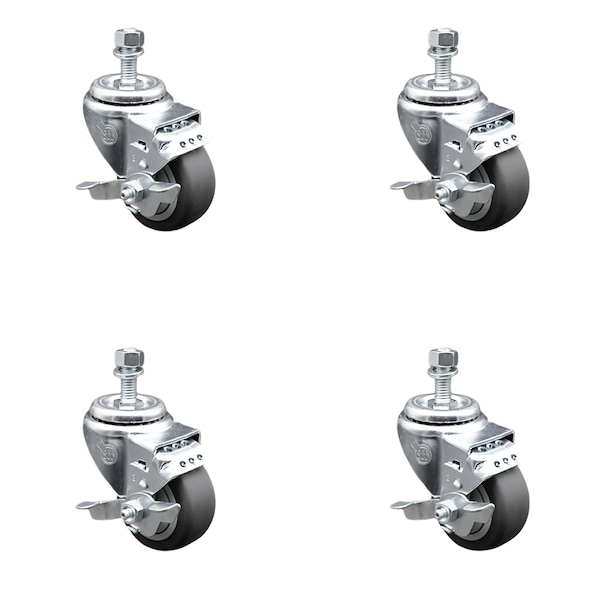 Service Caster 3.5 Inch SS Thermoplastic Rubber Swivel 1/2 Inch Threaded Stem Caster Set Brake SCC-SSTS20S3514-TPRB-TLB-121315-4 - main
